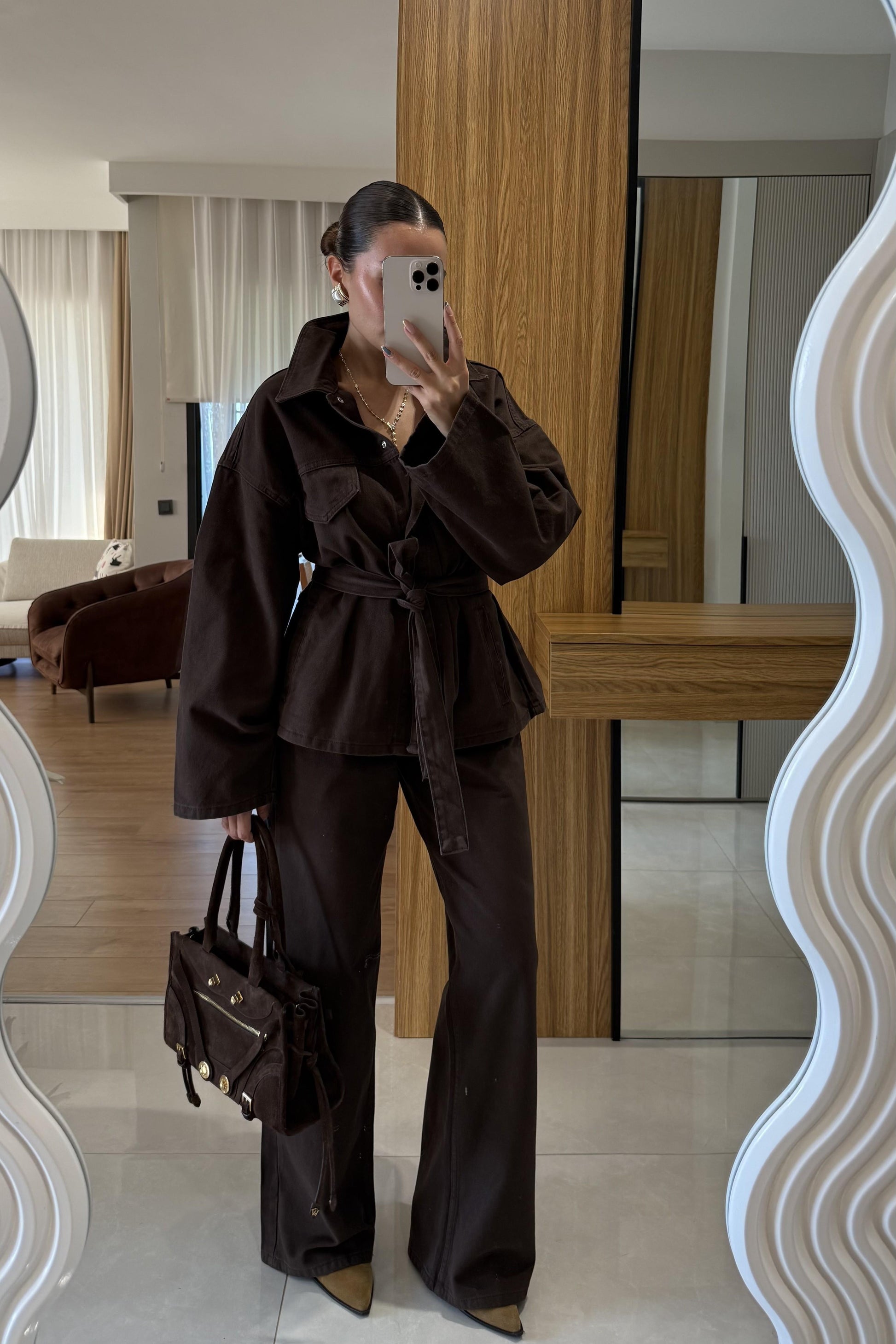 Callow Kahve Kuşaklı Denim Takım