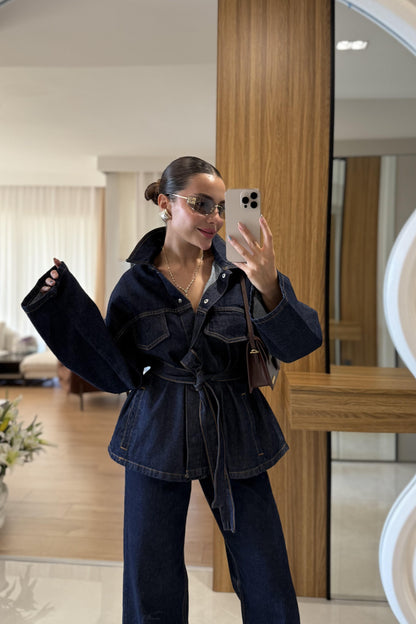 Callow Lacivert Kuşaklı Denim Takım