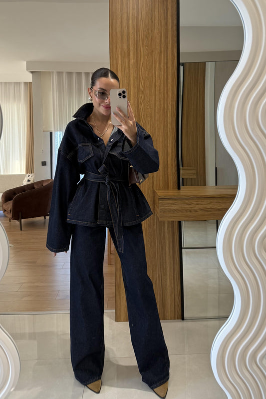 Callow Lacivert Kuşaklı Denim Takım