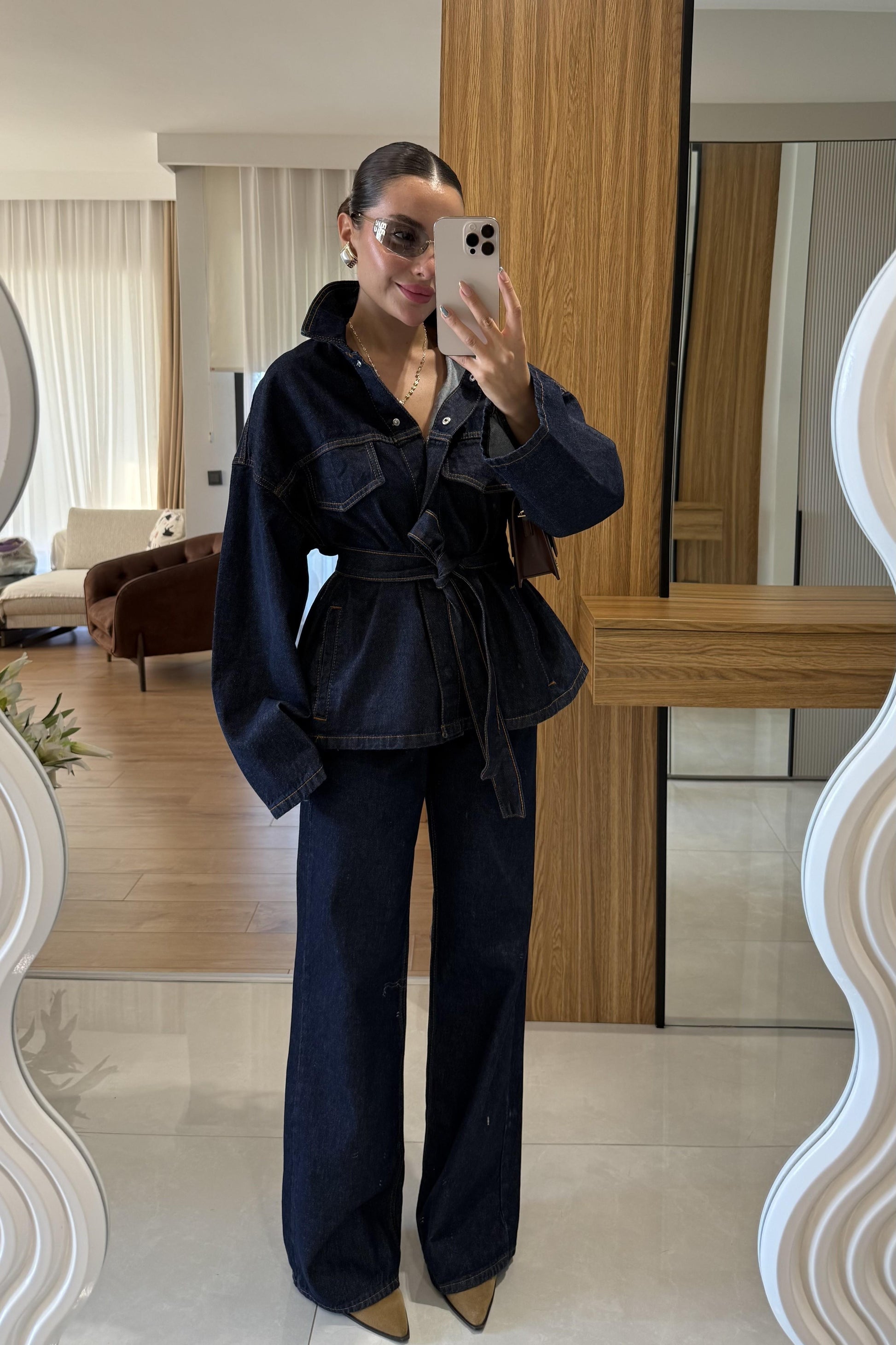 Callow Lacivert Kuşaklı Denim Takım