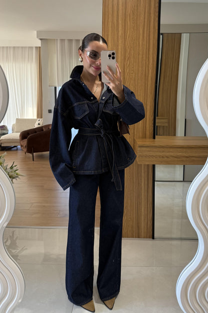 Callow Lacivert Kuşaklı Denim Takım