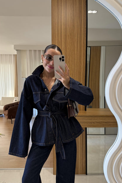 Callow Lacivert Kuşaklı Denim Takım