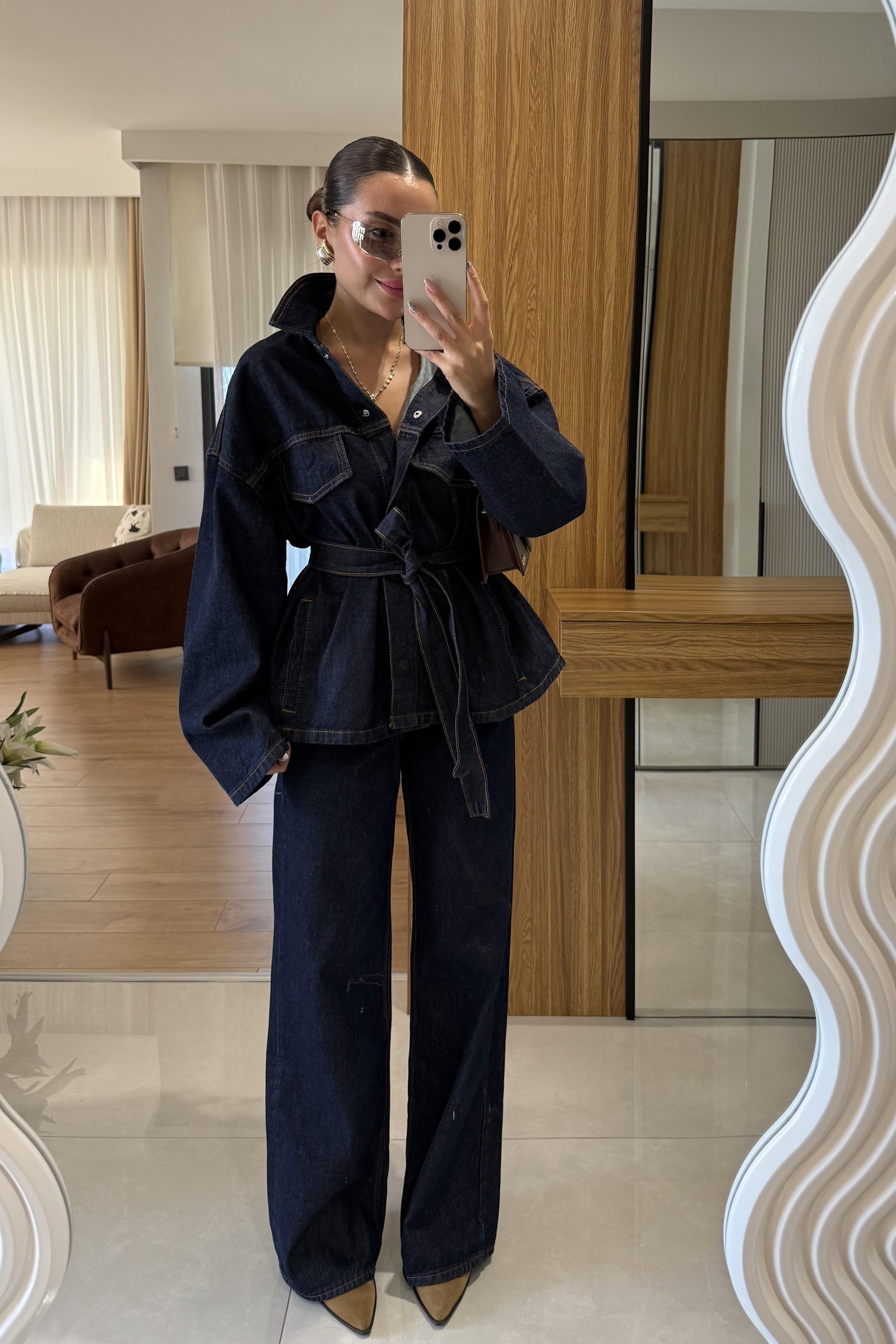 Callow Lacivert Kuşaklı Denim Takım