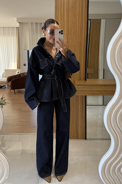 Callow Lacivert Kuşaklı Denim Takım