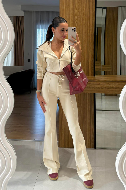 Camille Bej Kapüşonlu Premium Kumaş Takım