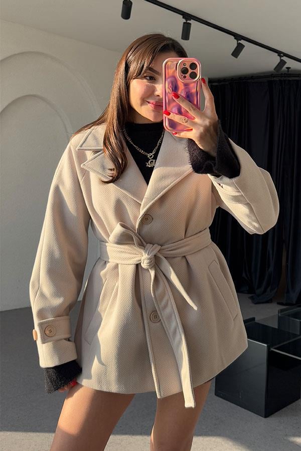 Carena Krem Kuşaklı Kaşe Kaban