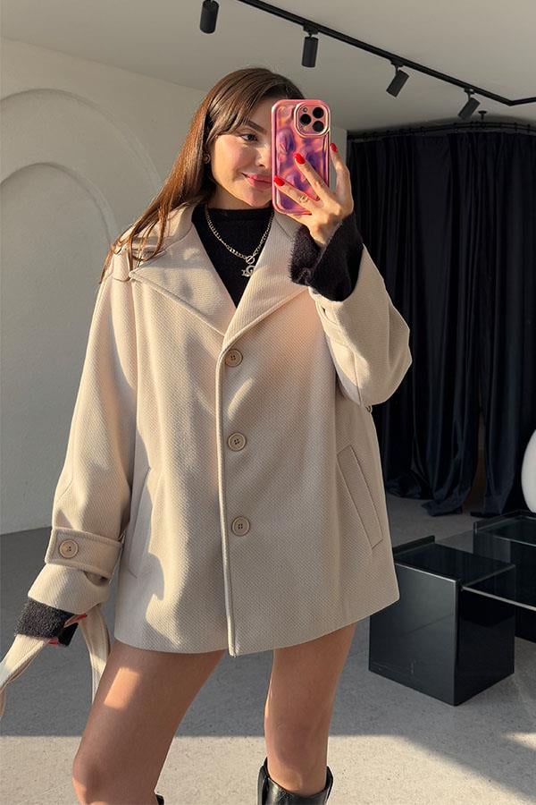 Carena Krem Kuşaklı Kaşe Kaban