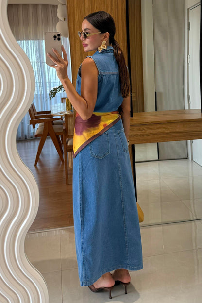 Carla Denim Ön Düğmeli Kolsuz Elbise