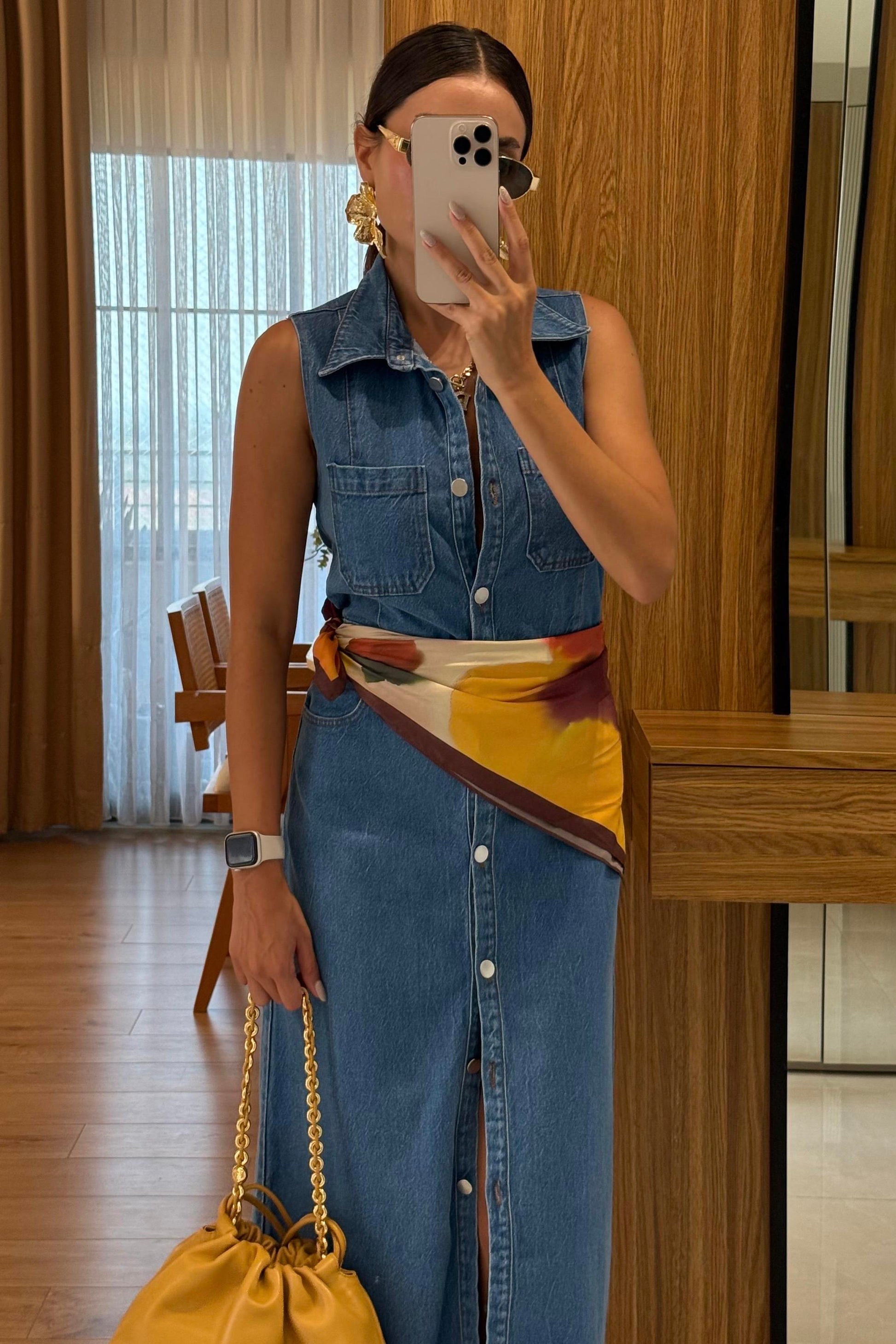 Carla Denim Ön Düğmeli Kolsuz Elbise