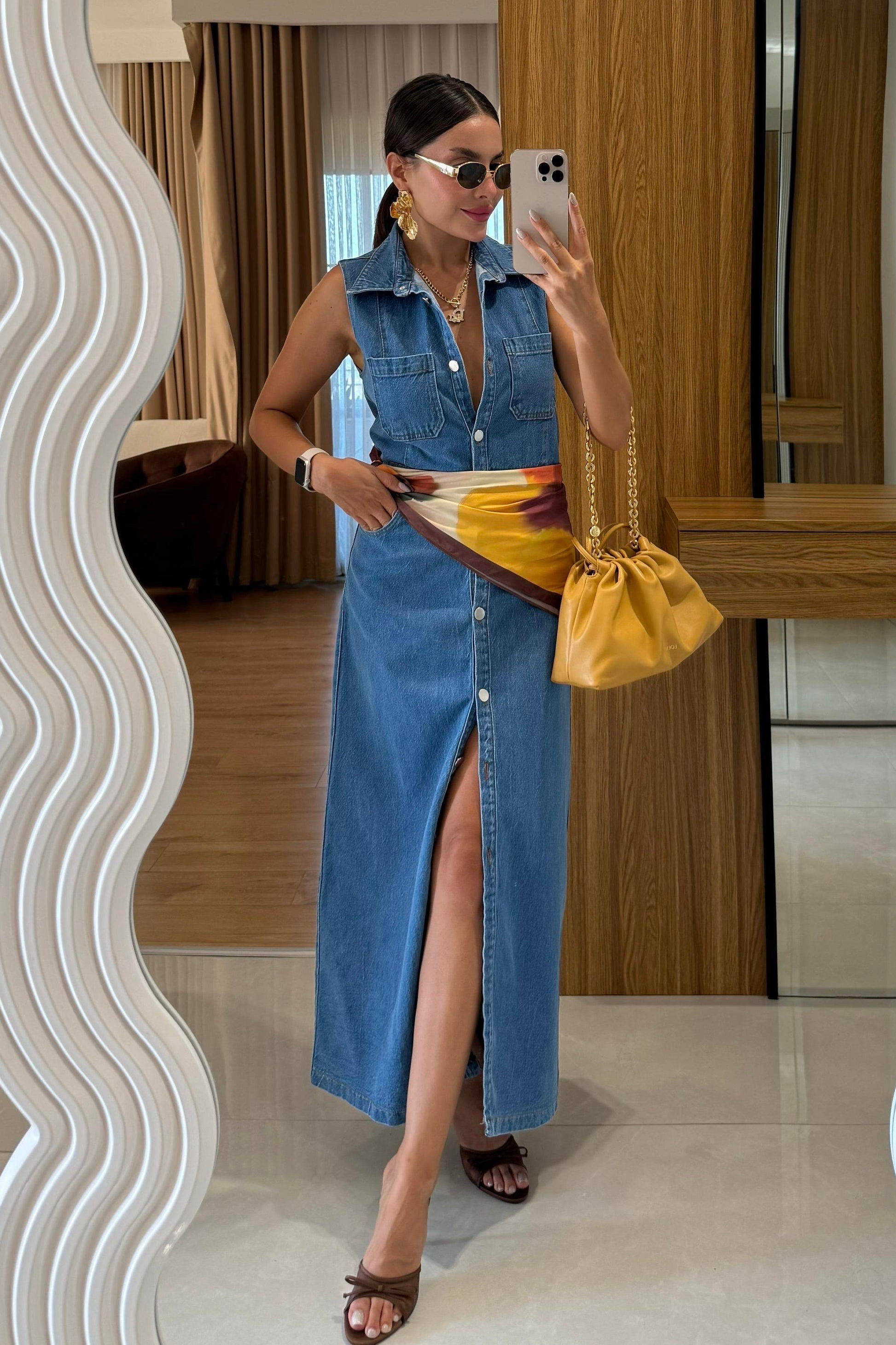 Carla Denim Ön Düğmeli Kolsuz Elbise