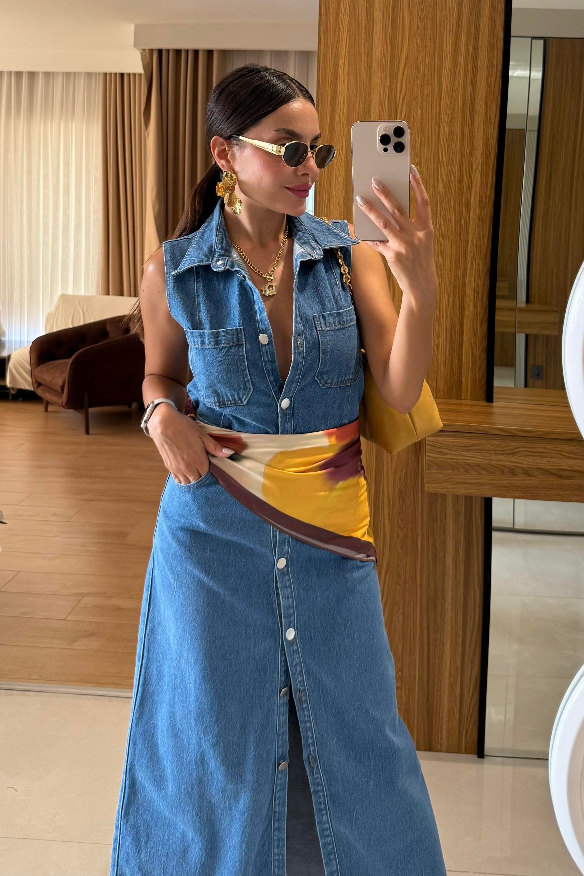 Carla Denim Ön Düğmeli Kolsuz Elbise