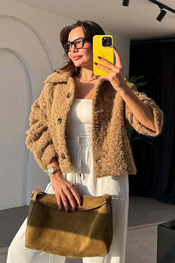 Carmela Kahve Kırçıllı Kısa Kaban