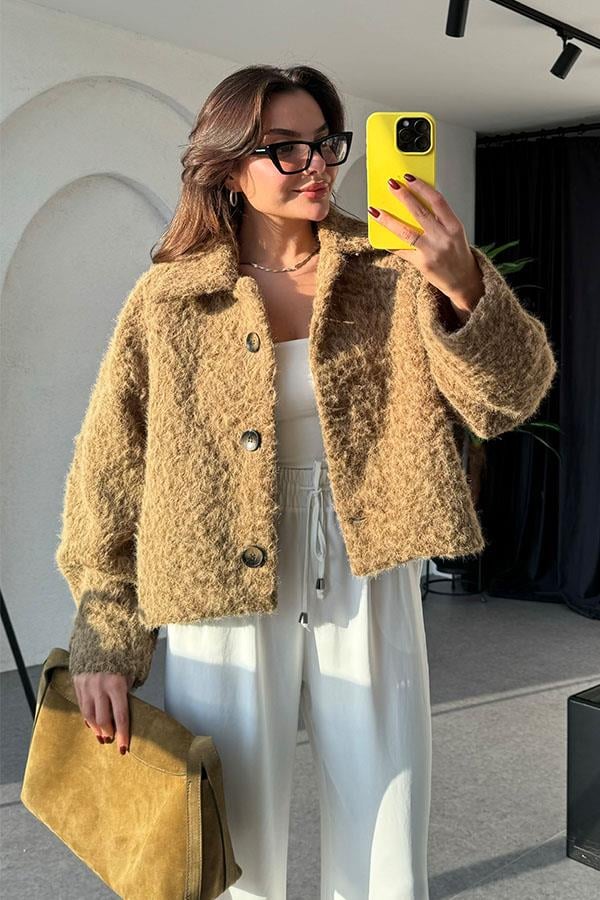 Carmela Kahve Kırçıllı Kısa Kaban