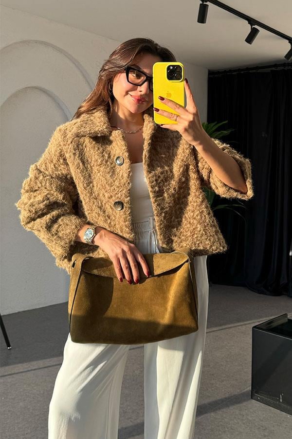 Carmela Kahve Kırçıllı Kısa Kaban