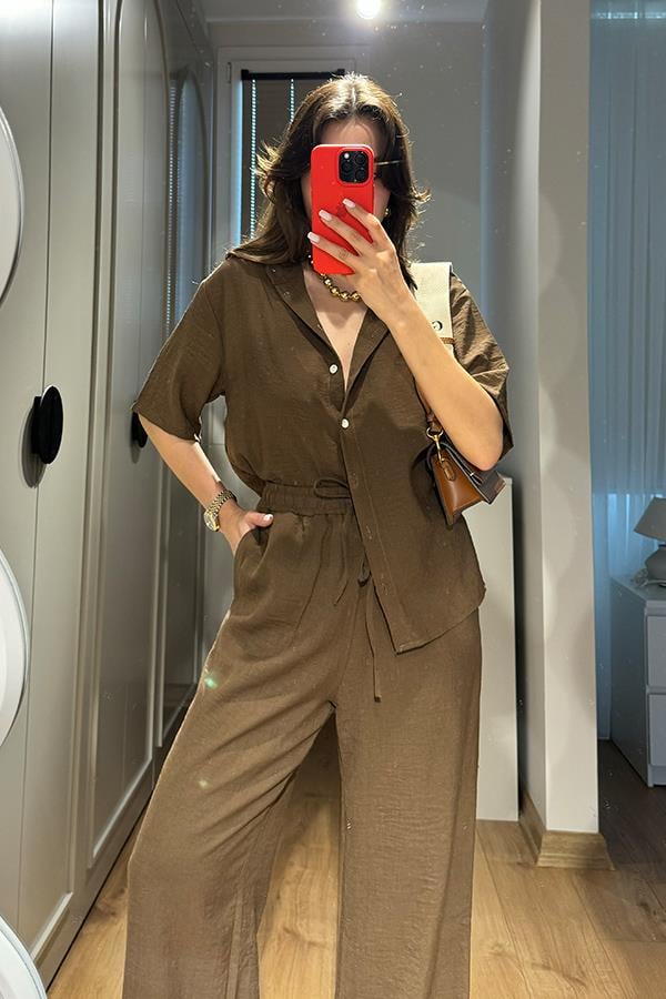 Casal Kısa Kol Gömlek Pantolon Takım - Acı Kahve