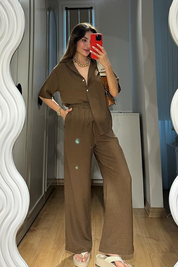 Casal Kısa Kol Gömlek Pantolon Takım - Acı Kahve