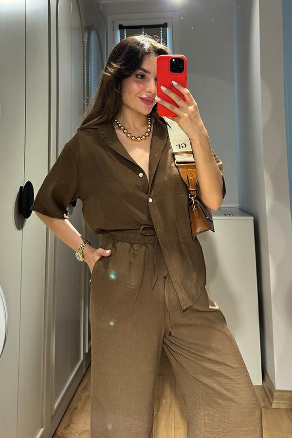 Casal Kısa Kol Gömlek Pantolon Takım - Acı Kahve