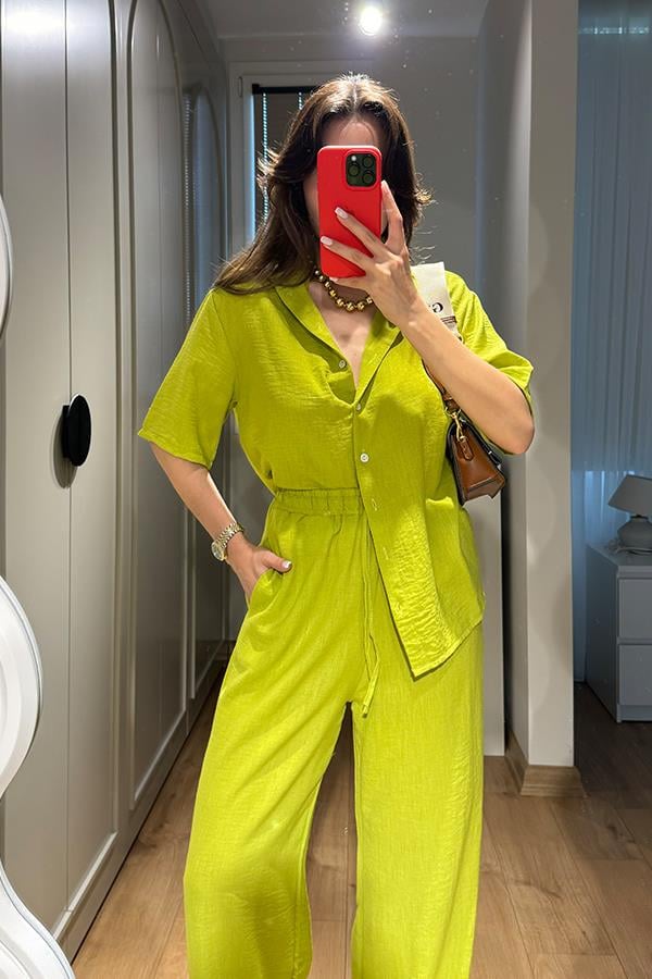 Casal Kısa Kol Gömlek Pantolon Takım - Neon