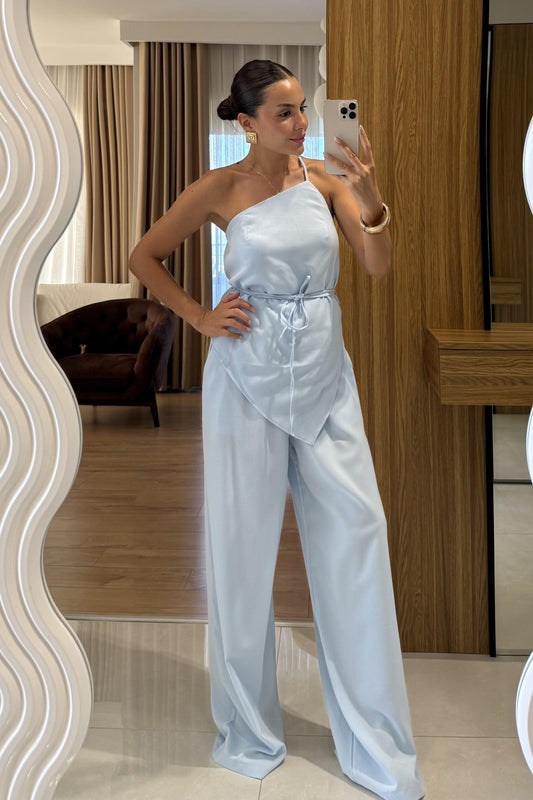 Casandra Mavi Tek Omuz Askılı Straplez Bluz Takım