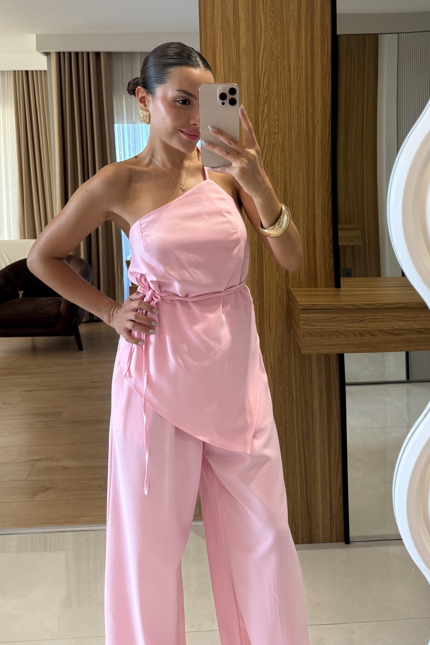 Casandra Pembe Tek Omuz Askılı Straplez Bluz Takım