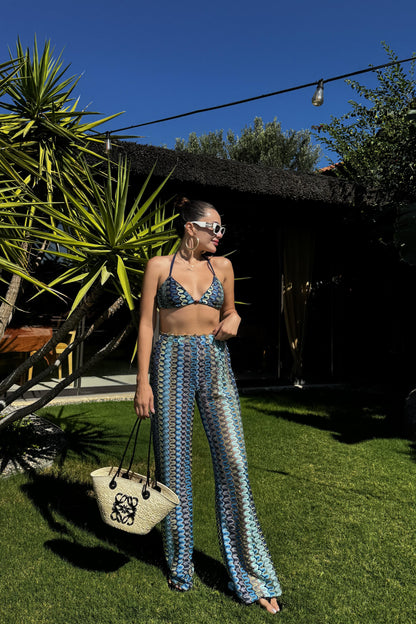 Caspian Mavi Desenli Örgü Büstiyer Pantolon Takım