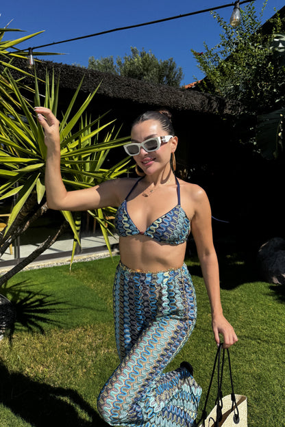 Caspian Mavi Desenli Örgü Büstiyer Pantolon Takım