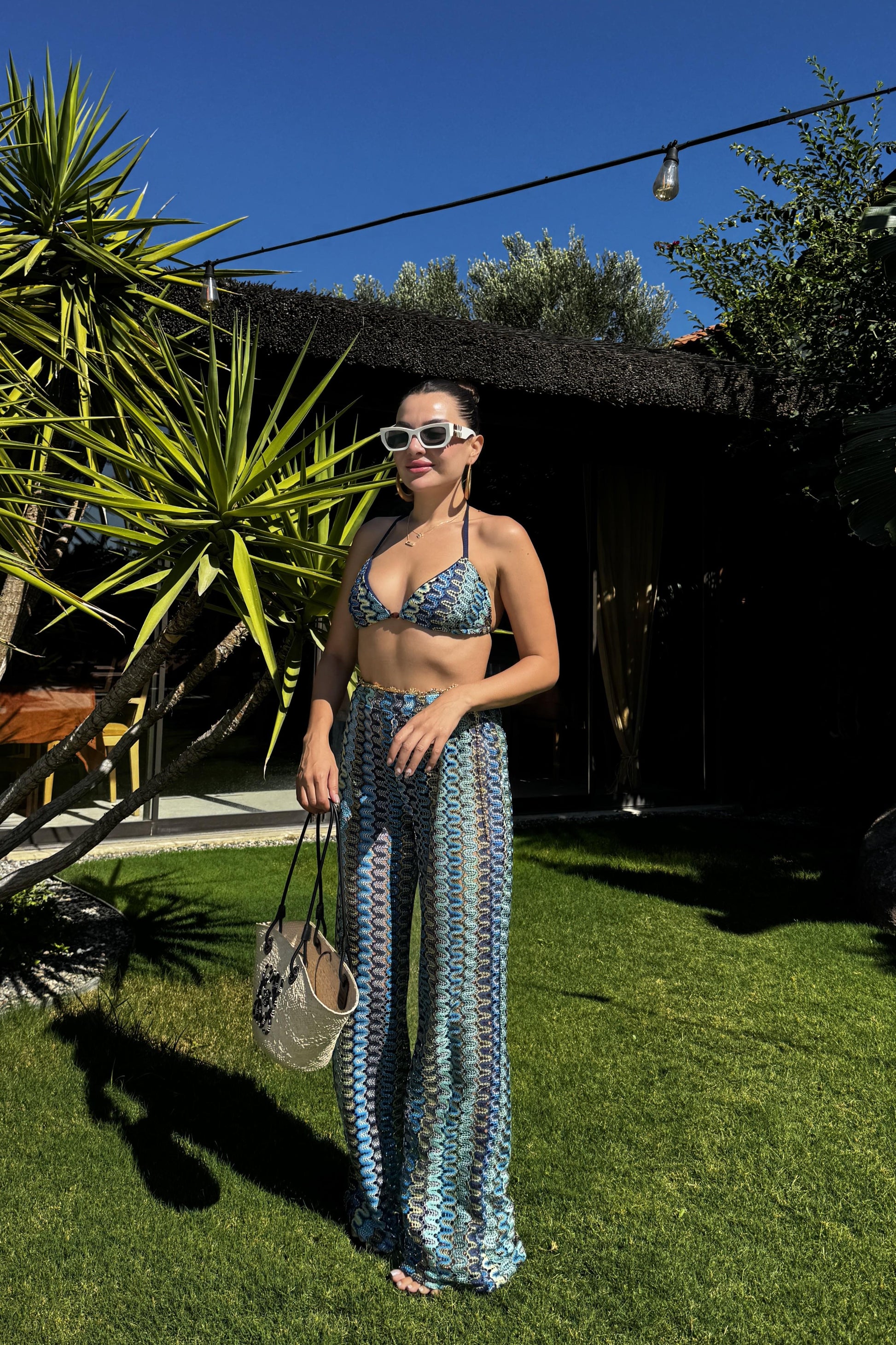 Caspian Mavi Desenli Örgü Büstiyer Pantolon Takım