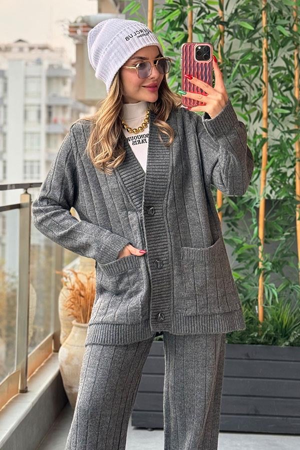 Cat Heel Hırka Pantolon Triko Takım - Füme