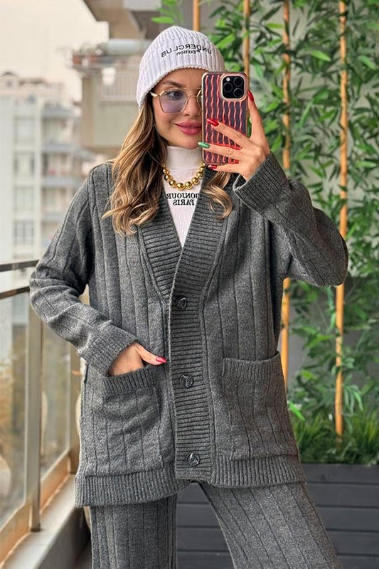 Cat Heel Hırka Pantolon Triko Takım - Füme