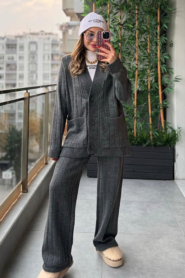 Cat Heel Hırka Pantolon Triko Takım - Füme