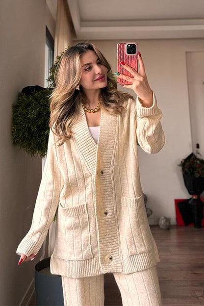 Cat Heel Hırka Pantolon Triko Takım - Krem