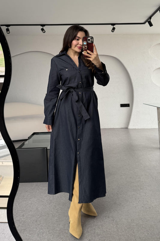 Cayla Kuşaklı Denim Maxi Elbise