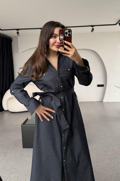 Cayla Kuşaklı Denim Maxi Elbise