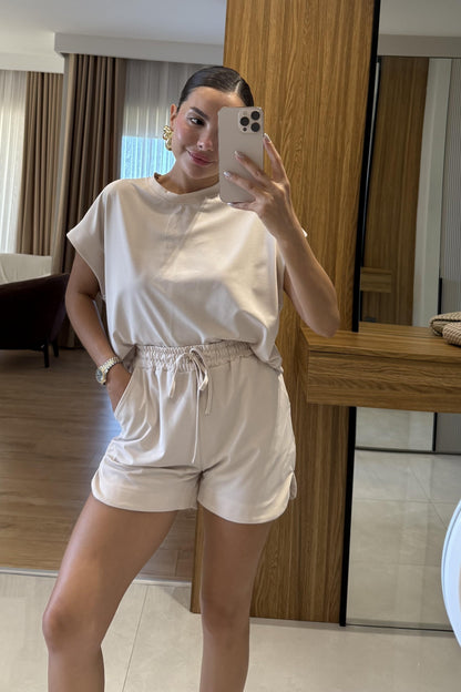 Cedric Krem Tshirt Şort Modal Takım