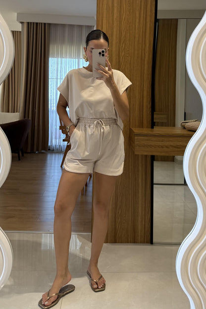 Cedric Krem Tshirt Şort Modal Takım