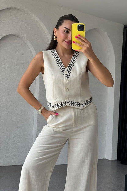 Ceille Nakış Detaylı Keten Pantolon Yelek Takım