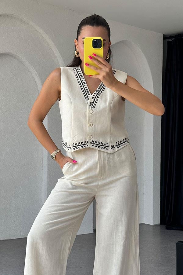 Ceille Nakış Detaylı Keten Pantolon Yelek Takım