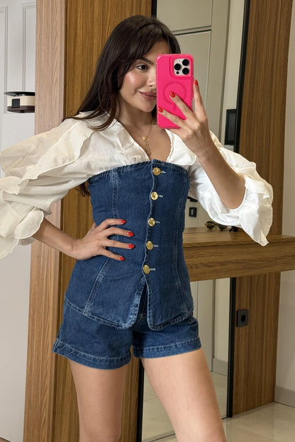 Celery Gold Düğmeli Denim Şortlu Takım