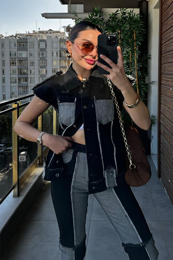 Celia Çift Renk Denim Yelekli Takım
