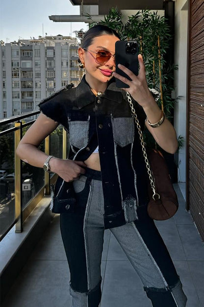 Celia Çift Renk Denim Yelekli Takım