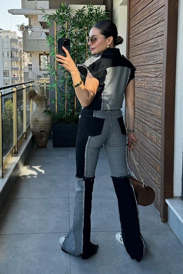 Celia Çift Renk Denim Yelekli Takım