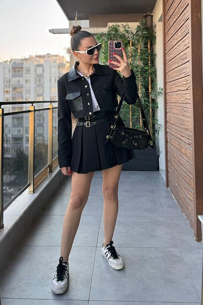 Celina Deri Karışımlı Ceket Etek Takım