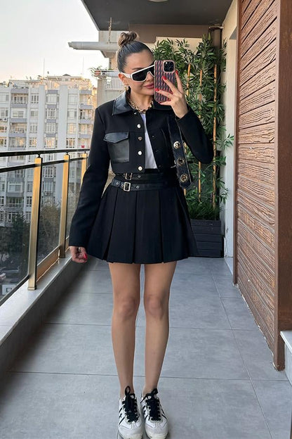 Celina Deri Karışımlı Ceket Etek Takım