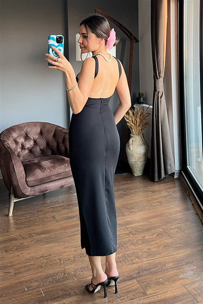 Celine siyah sırt dekolteli kalem elbise