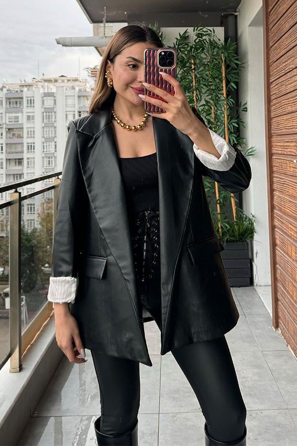 Cetta Siyah Deri Blazer Ceket