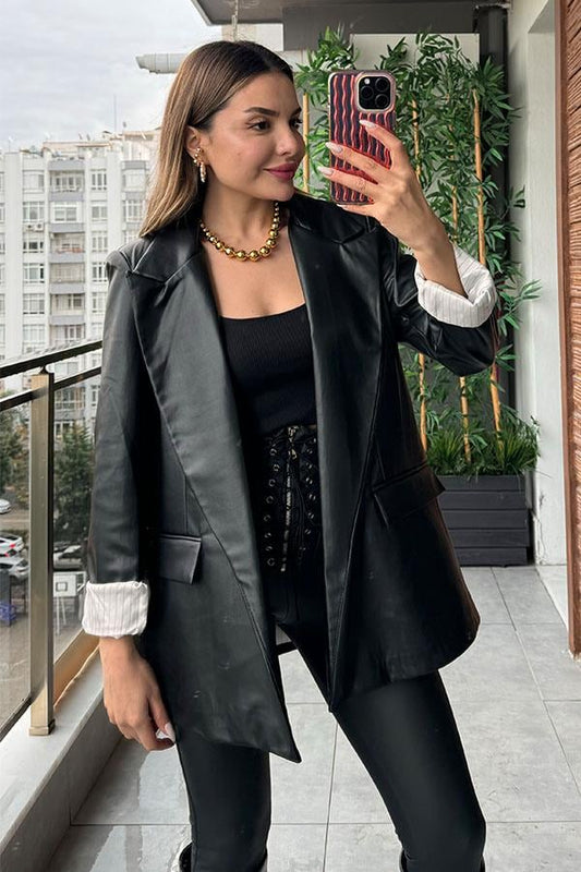 Cetta Siyah Deri Blazer Ceket