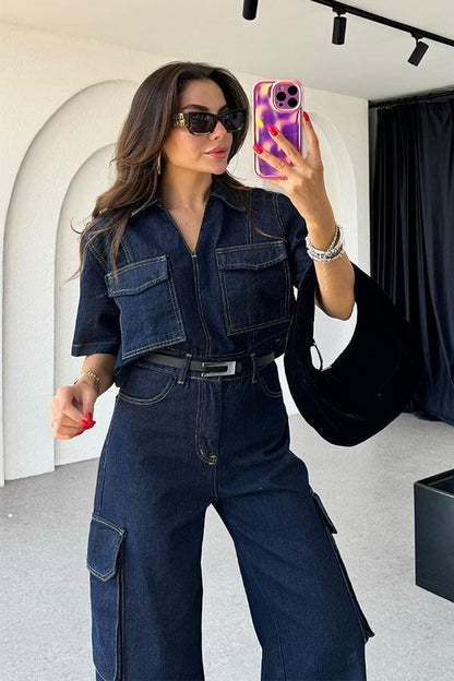 Chain Kontrast Dikişli Denim Takım