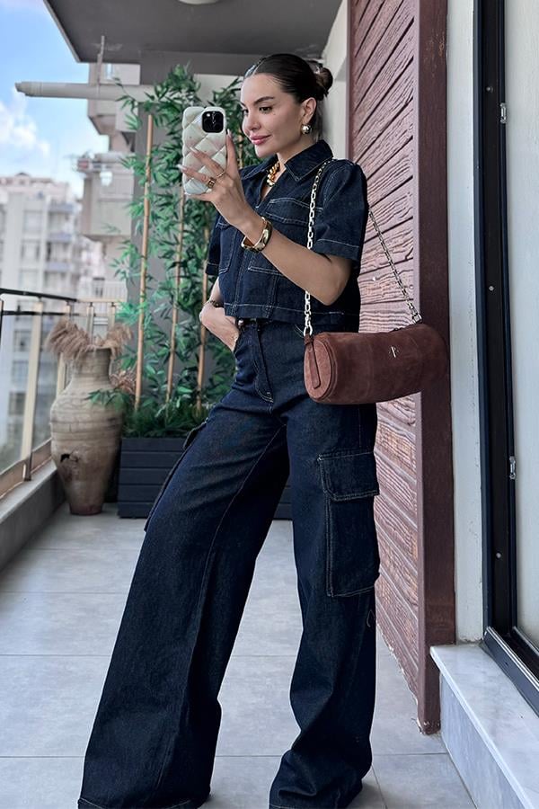 Kontrast Dikişli Denim Takım