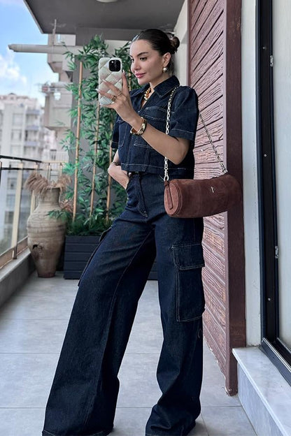 Kontrast Dikişli Denim Takım