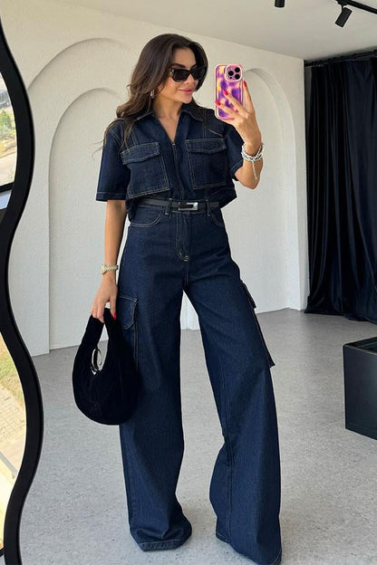Chain Kontrast Dikişli Denim Takım